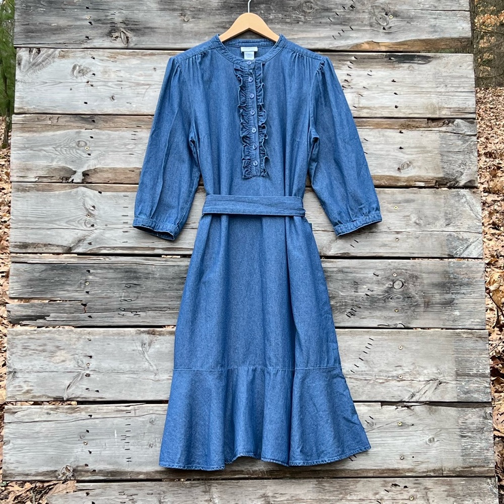 The Vermont Country Store Frilled Button Cinched Waist Blue Denim Dress Medium